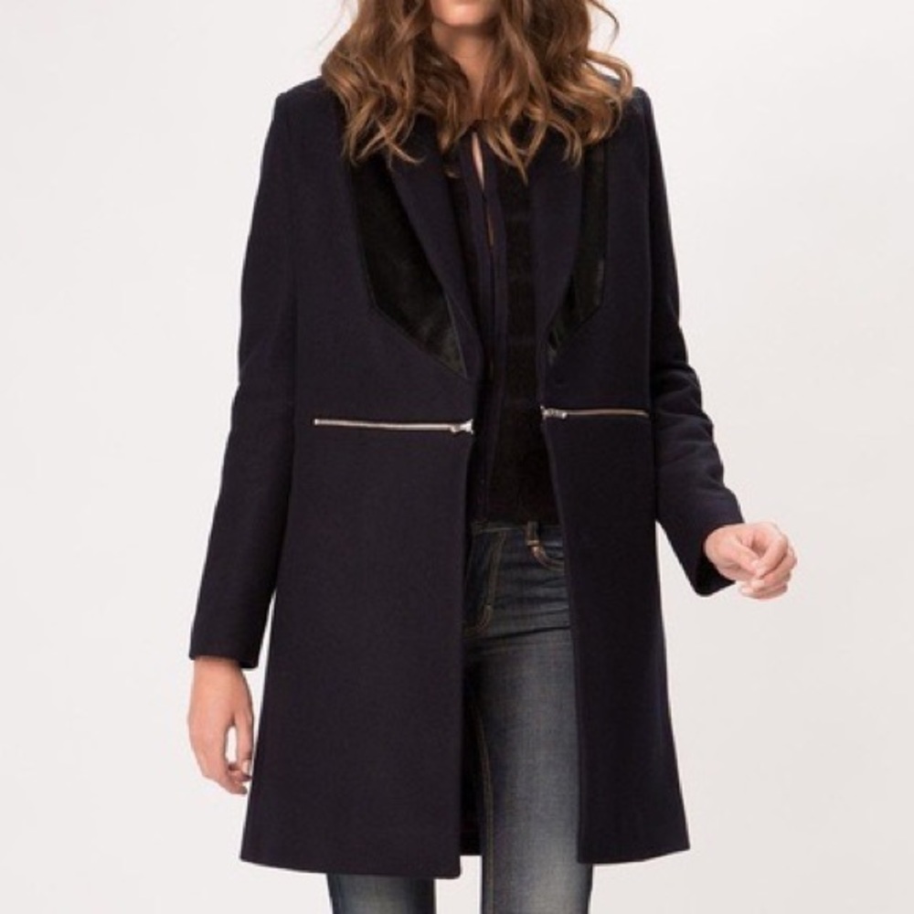 Maje Black Wool-Blend Long Coat with Velvet Lapels